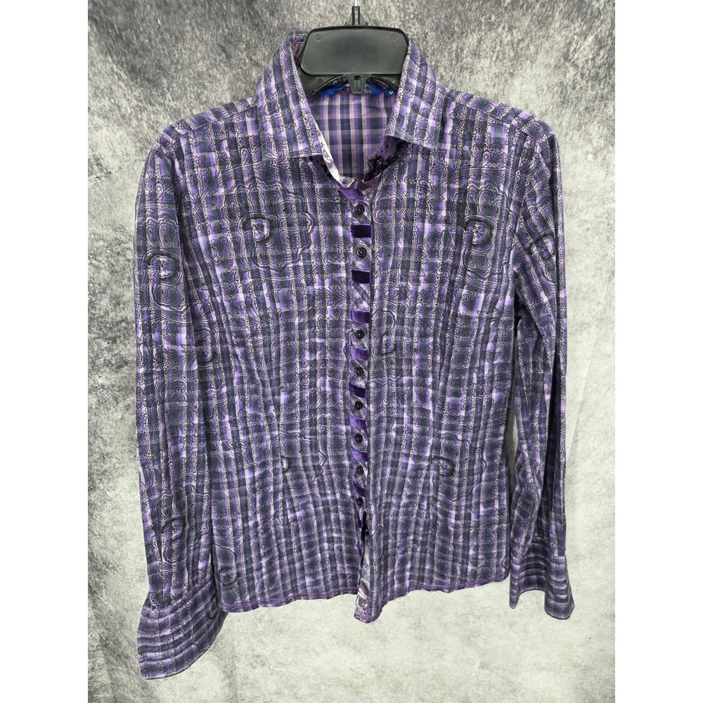 Georg Roth Shirt Mens Medium Purple Plaid Paisley Velvet Trim Button Up Festival